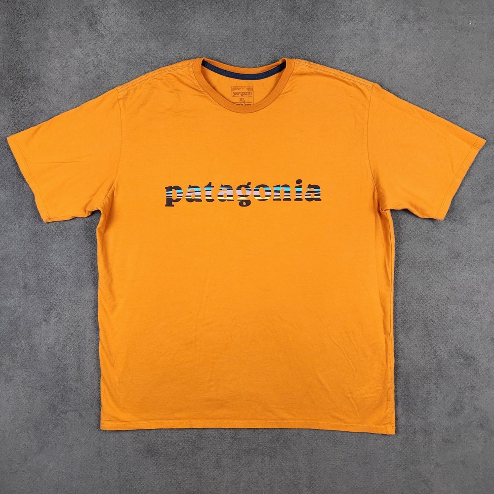 Patagonia '73 Text Logo Shirt Mens XL Orange Organic Cotton Graphic Tee 37776